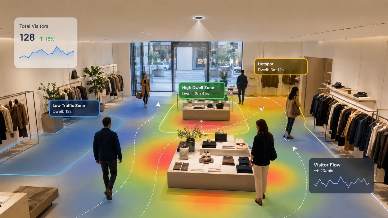 Retail store heatmap showing hot zones, dead zones, dwell time and visitor flow