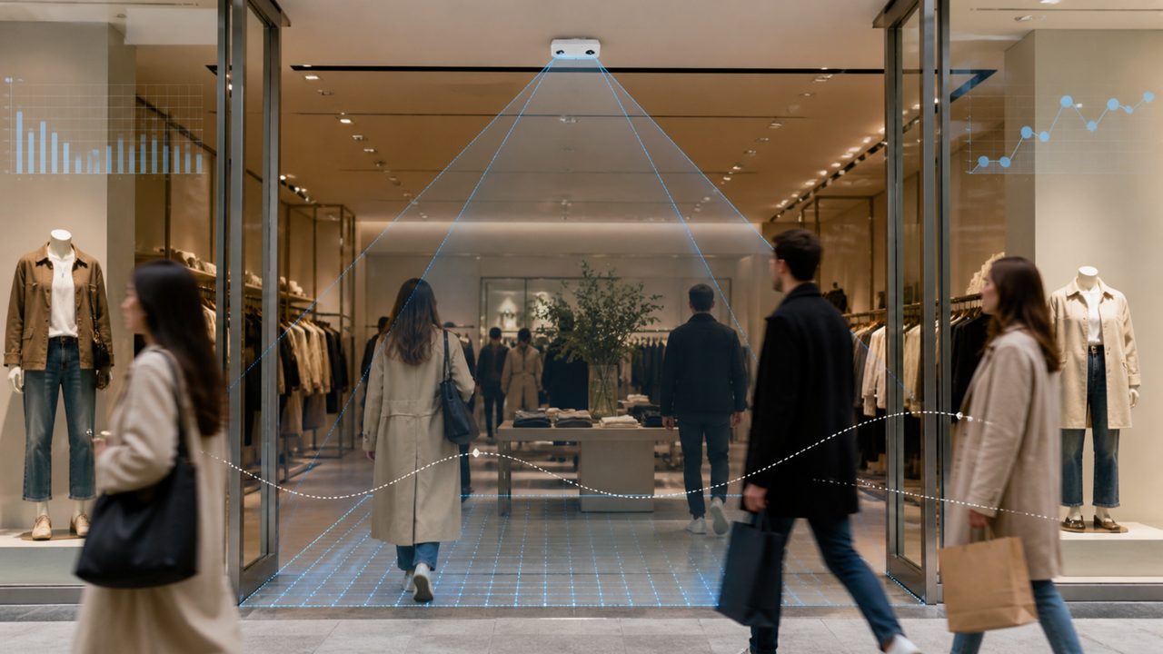 V-Count Nano AI sensor measuring passerby traffic and store entries at the entrance