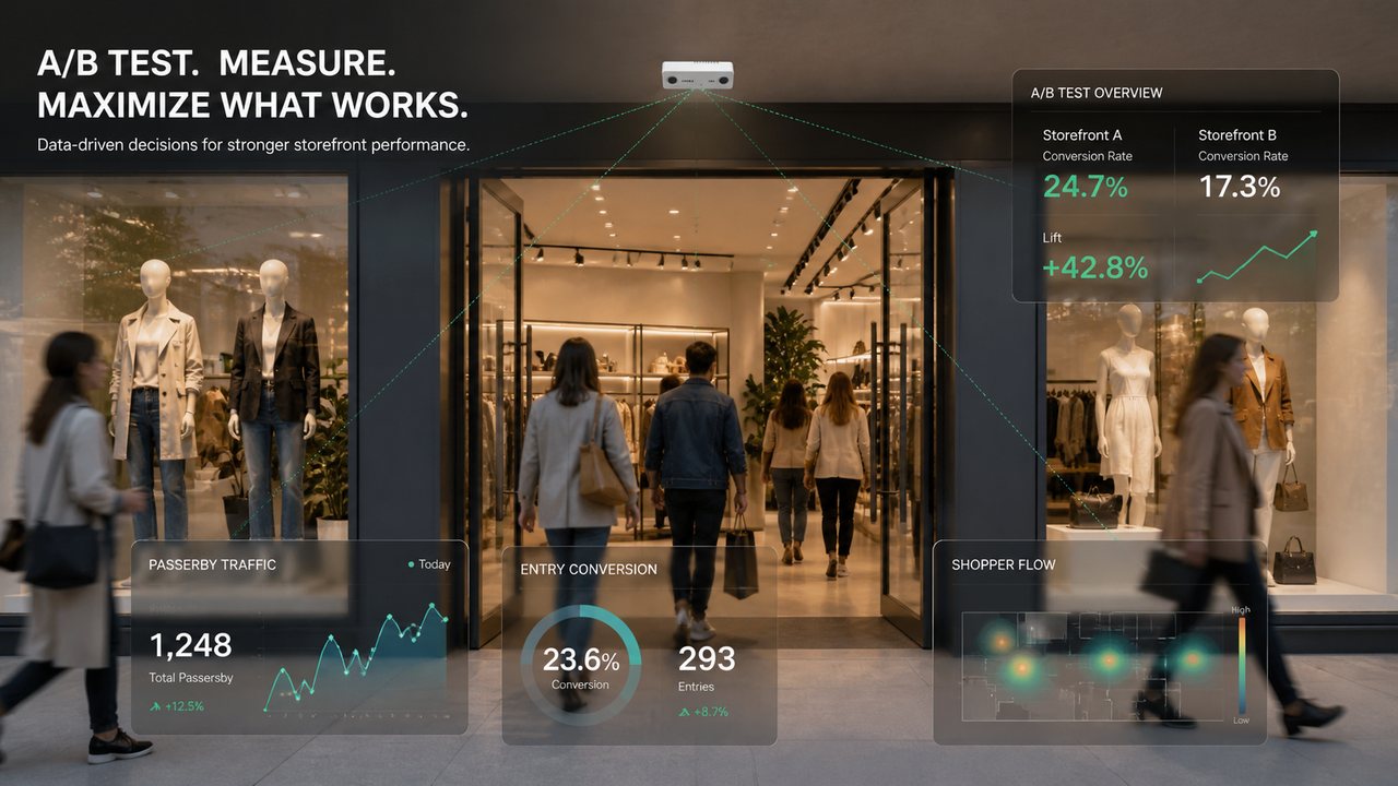 Storefront A/B test comparing two window concepts with conversion lift, passerby traffic and shopper flow