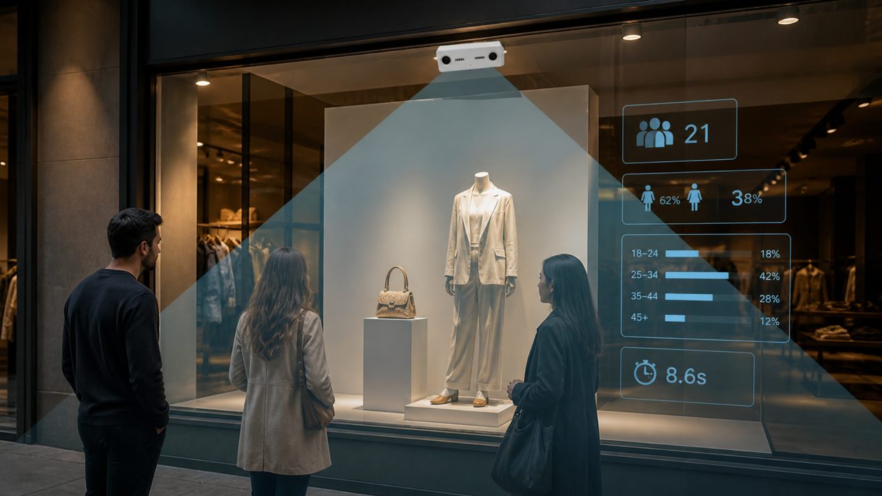 Storefront window display measuring shopper attention, demographics and dwell time