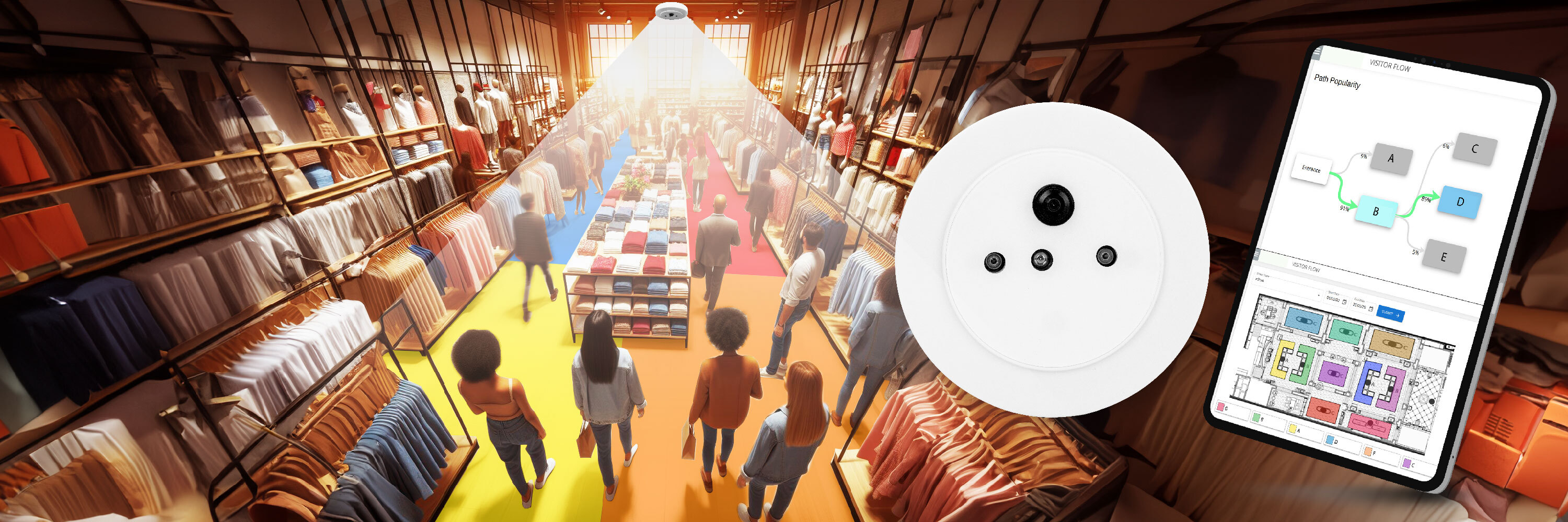 Retail store with V-Count Nano AI people counter, BoostBI mobile analytics dashboard, and heatmap visualization