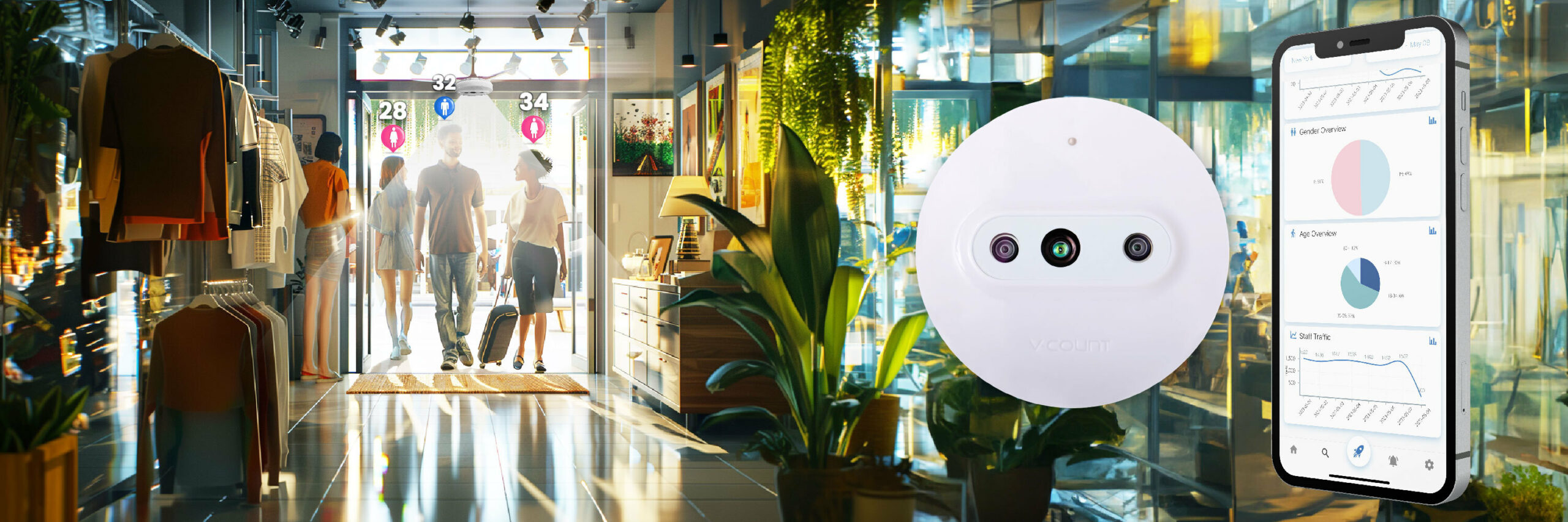 V-Count BoostBI analytics dashboard showing shopping mall foot traffic data, visitor trends, and occupancy metrics