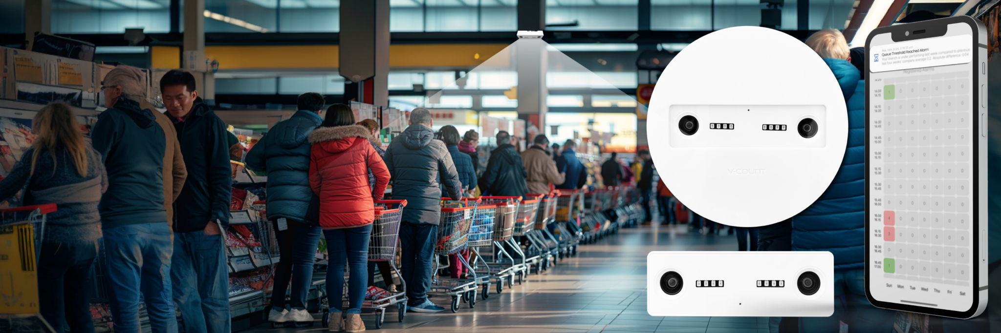 Queue management system visualization with real-time visitor analytics and wait time optimization