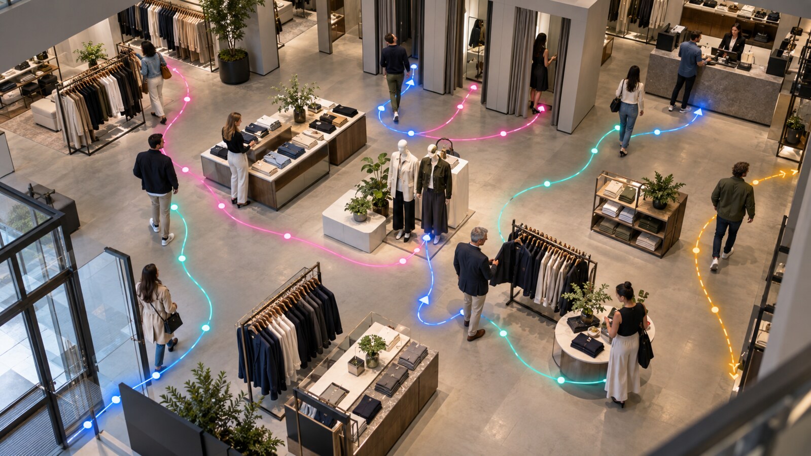 High-angle fashion store view with colour-coded shopper paths connecting the entrance, displays, fitting rooms and checkout