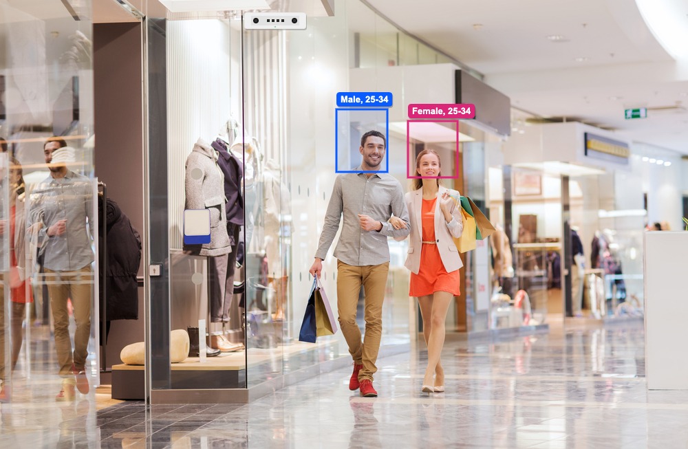 V-Count Nano AI sensor detecting shoppers at a store entrance