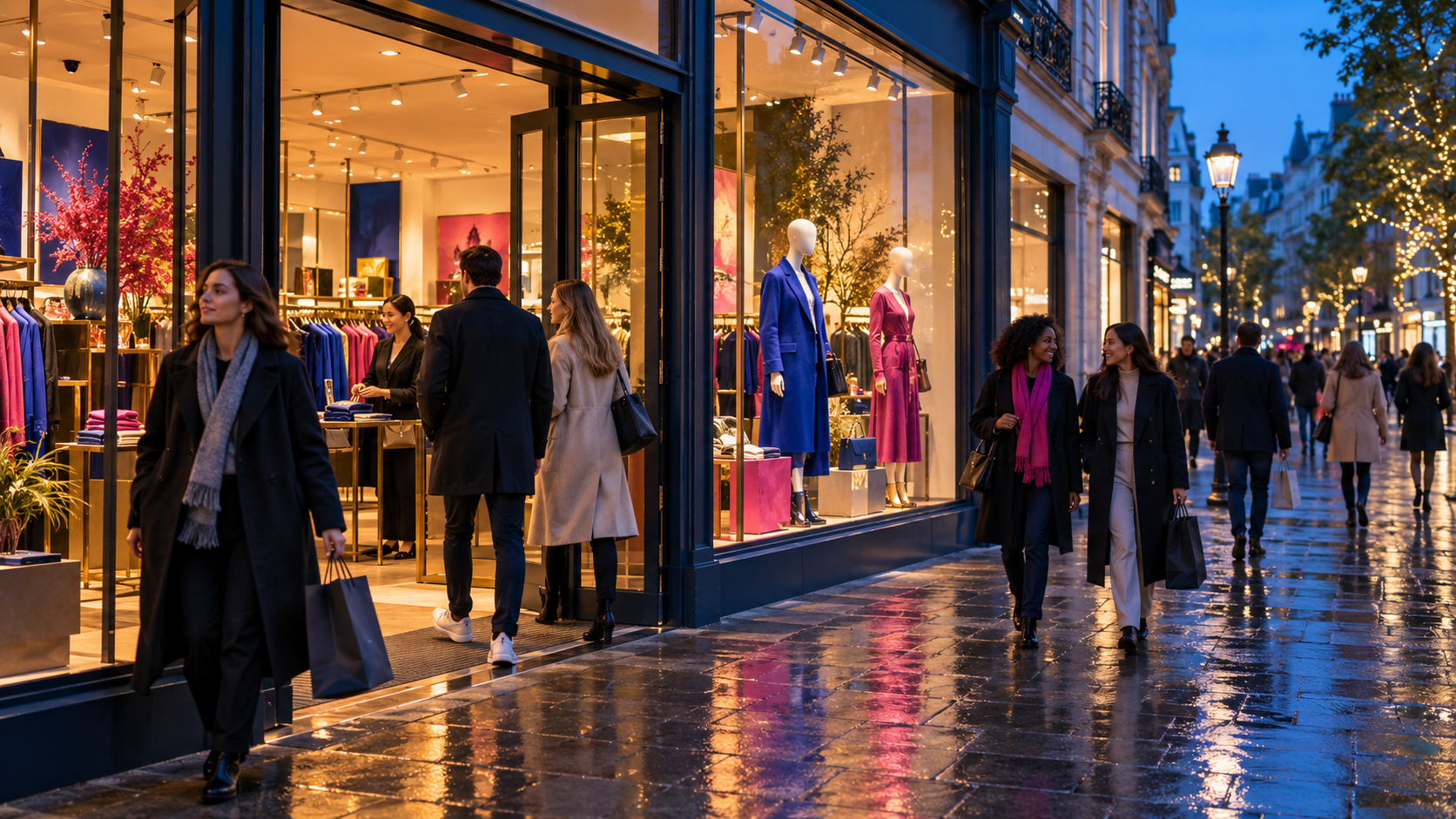 Shoppers entering and passing a warmly lit fashion store during the evening, illustrating late trading opportunities