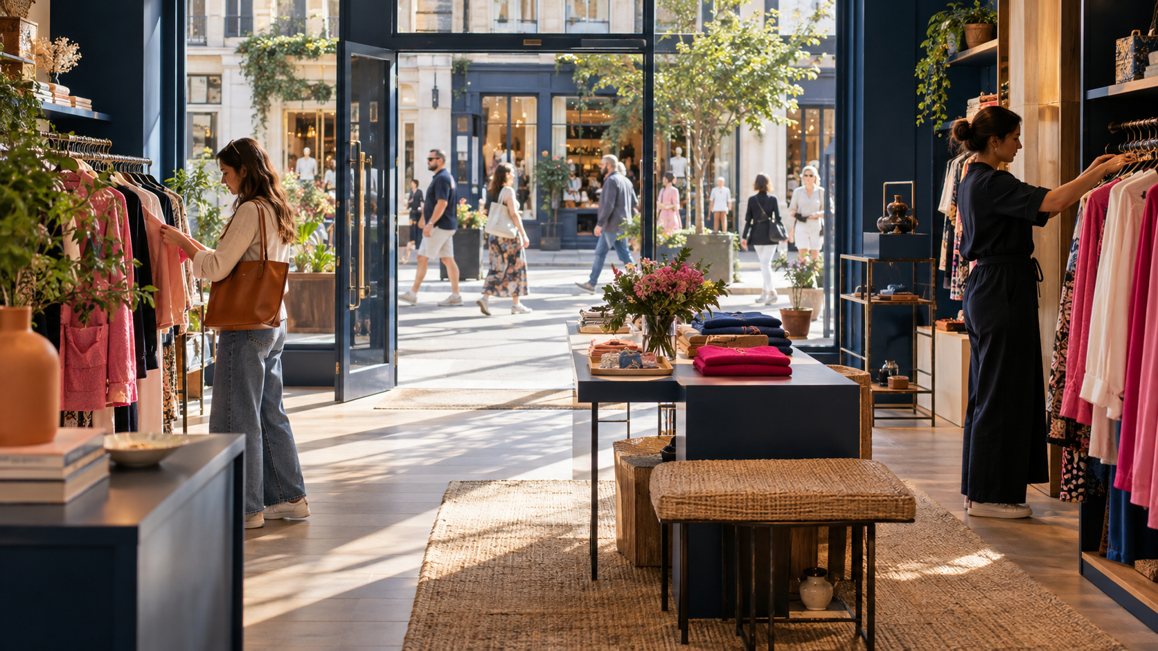 A quiet fashion-store interior in morning sunlight with pedestrians visible beyond the open entrance