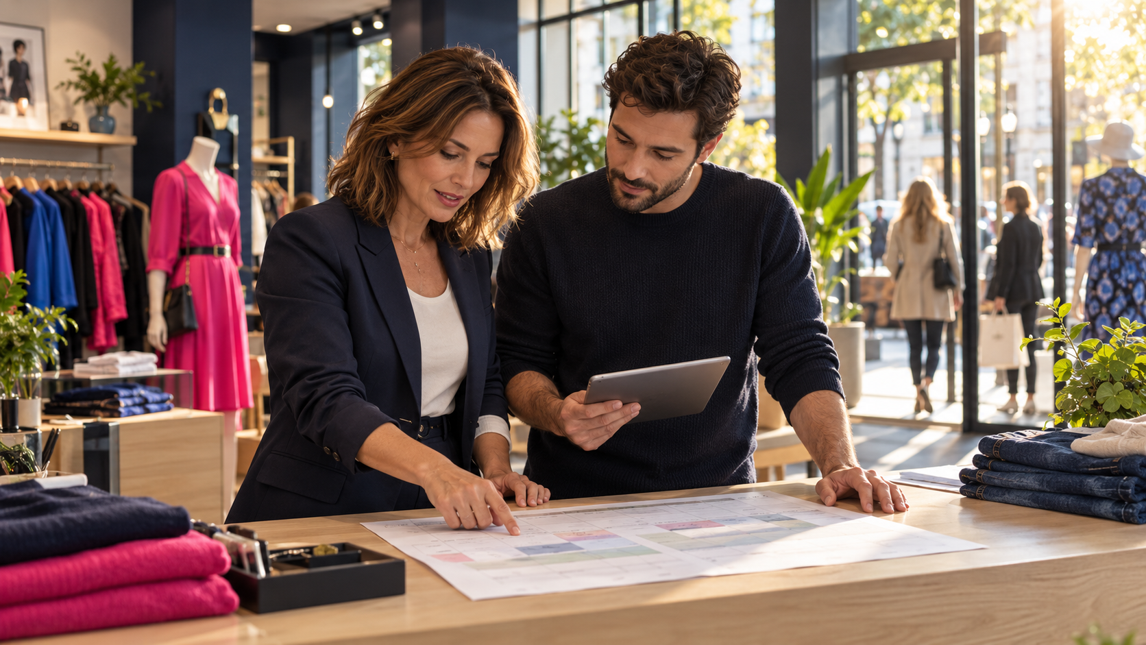 A store manager and supervisor reviewing a weekly planning sheet together in a colorful fashion store