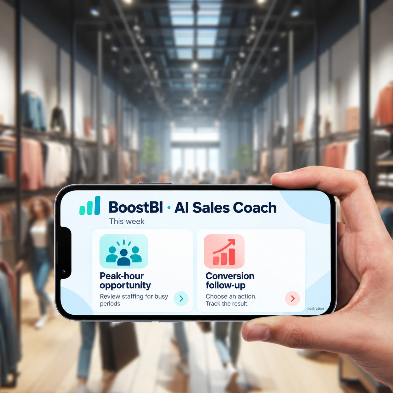 BoostBI AI Sales Coach illustration showing weekly staffing and conversion guidance