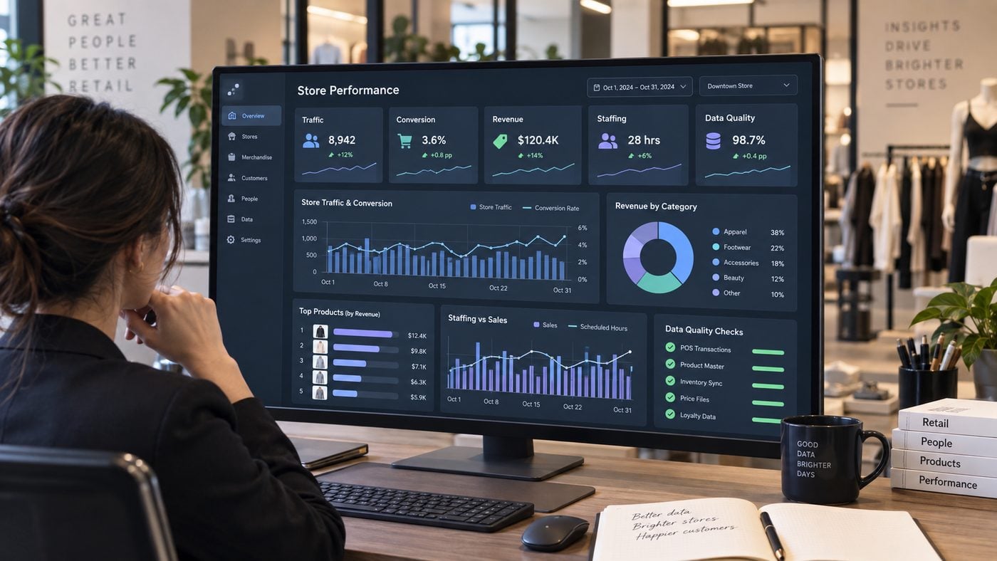 Retail analytics dashboard grouped into traffic, conversion, revenue, staffing and data quality