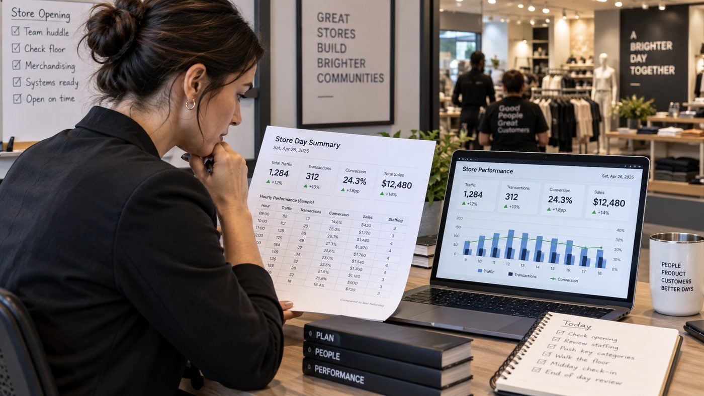 Store manager comparing a worked daily retail dataset with a store performance dashboard