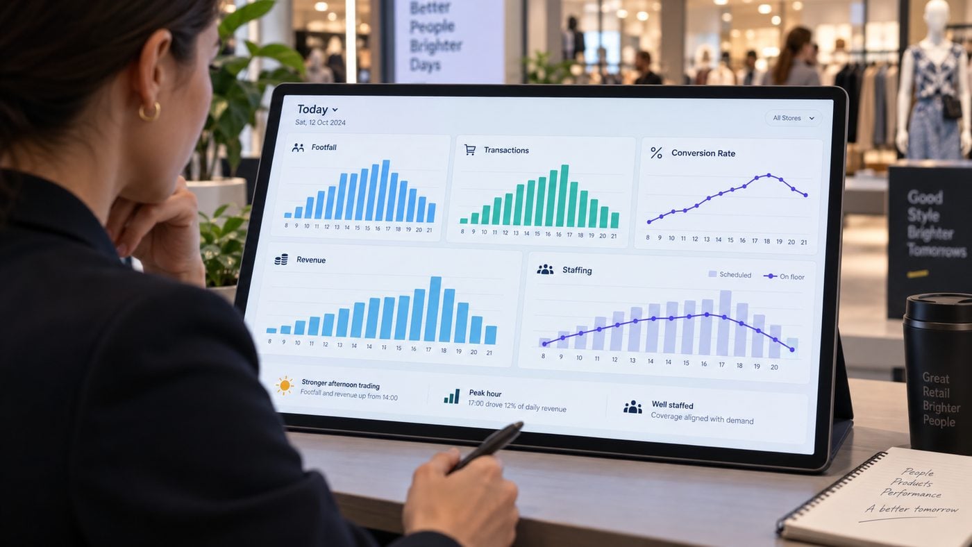Hourly retail dashboard with footfall, transactions, conversion, revenue and staffing charts