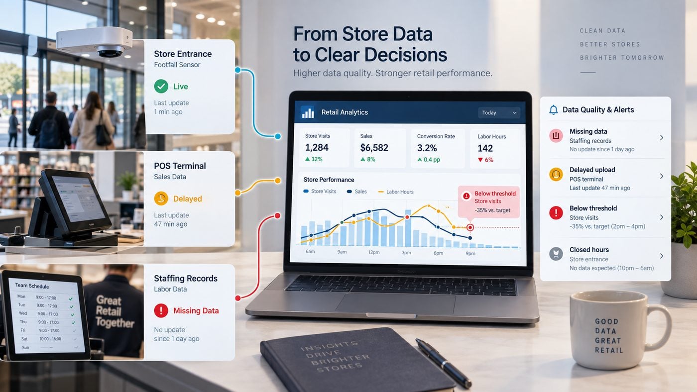 Retail data quality dashboard combining sensor, POS and staffing feeds with freshness and threshold alerts