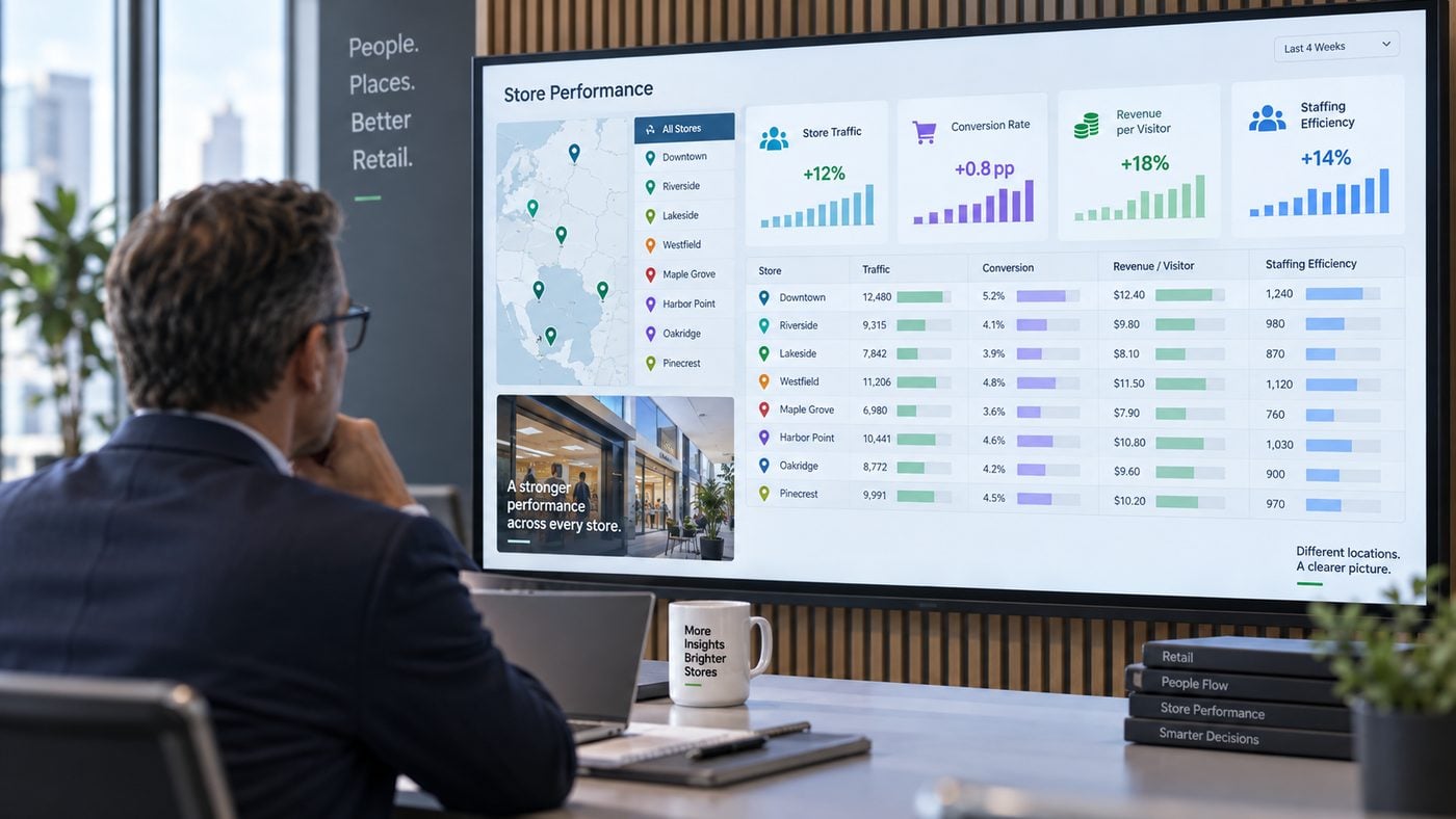 Multi-store retail performance dashboard comparing traffic, conversion, revenue per visitor and staffing across locations