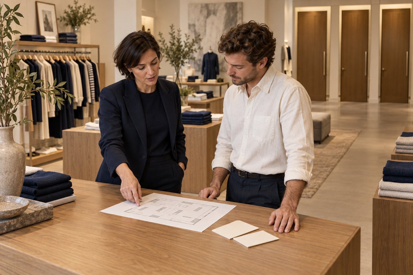 A retail manager and associate review a store layout and plan fitting-room service improvements.