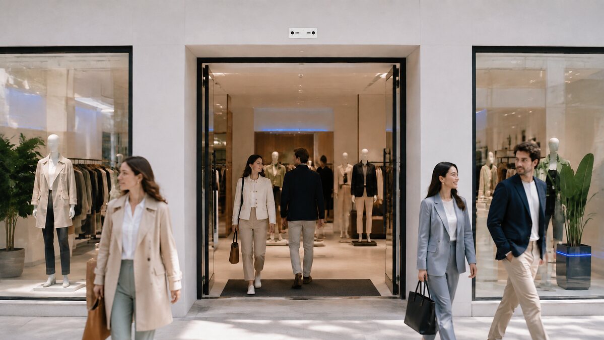 A small Nano AI sensor above a retail entrance with shoppers entering, leaving and passing the storefront