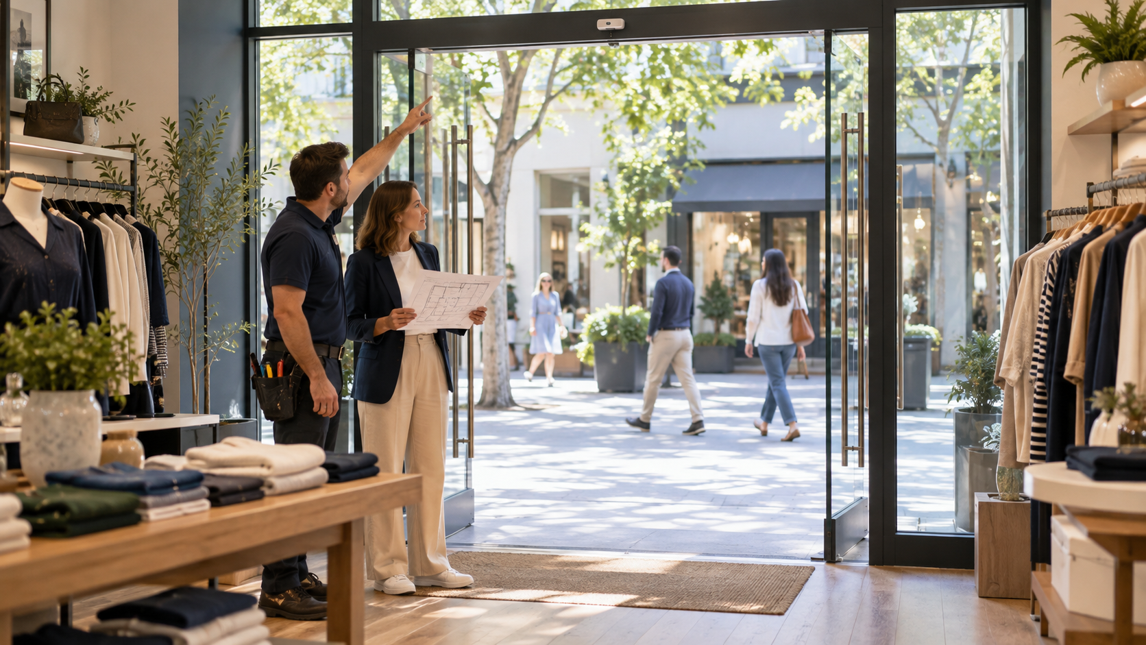 Illustration of a retail team planning sensor coverage at a storefront entrance