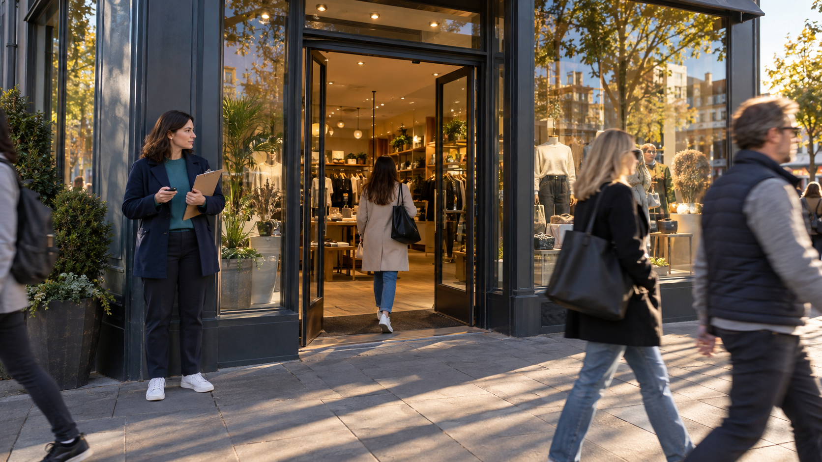 Illustration of a retail employee manually checking passerby and store-entry counts in afternoon light