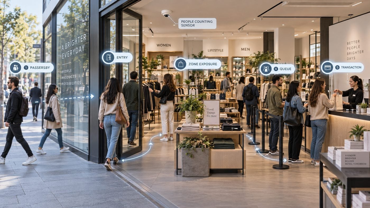 Retail shopper journey from street traffic through entry, in-store exposure, queue and transaction