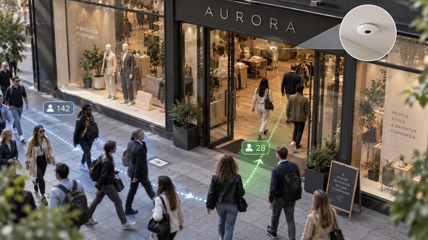 Storefront footfall measurement comparing passersby with people entering a retail store