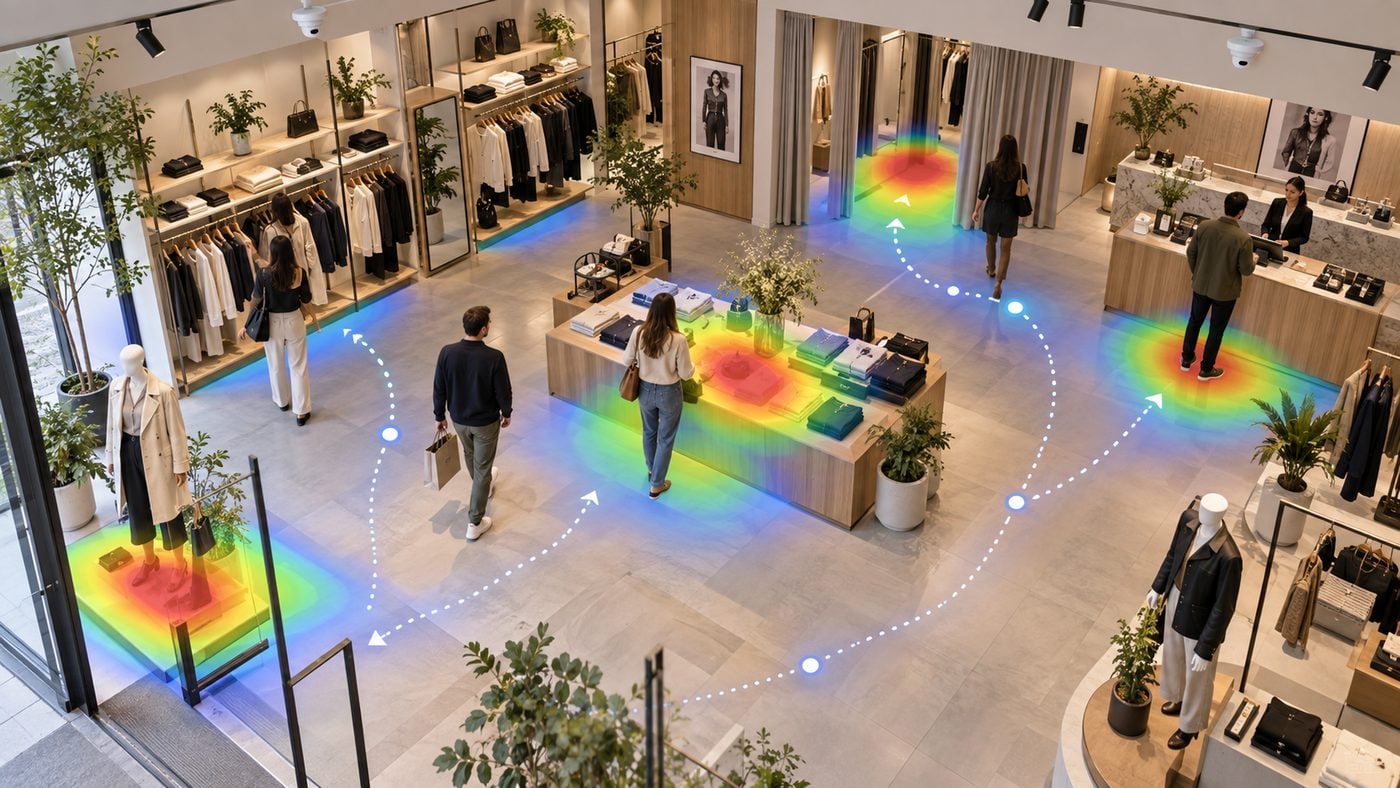 Retail store heatmap showing shopper paths, zone exposure and dwell around merchandising areas