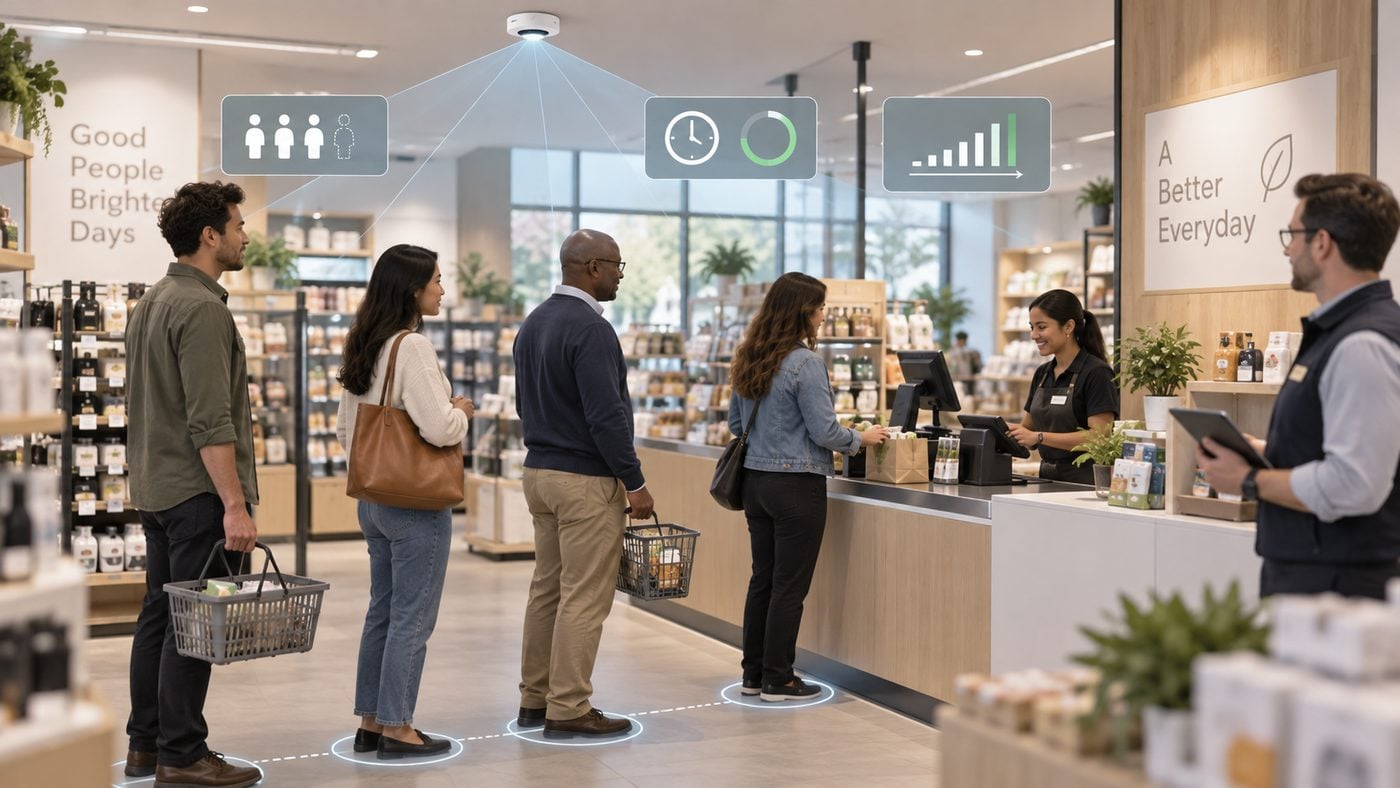 Retail checkout queue measured with a ceiling sensor and queue analytics overlays