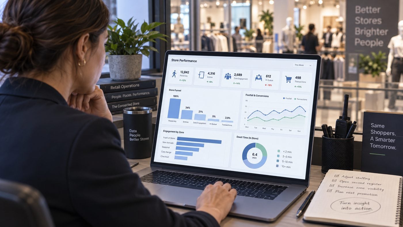 Retail operations manager reviewing passersby, entries, zone engagement, queue and transaction metrics on a dashboard