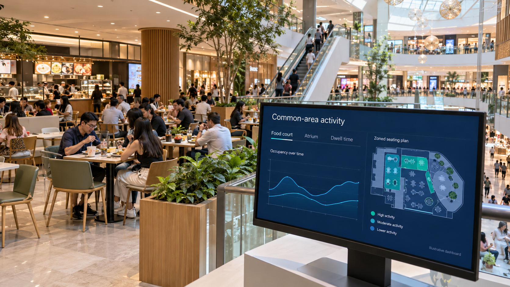 Shopping centre common area with shoppers passing between units