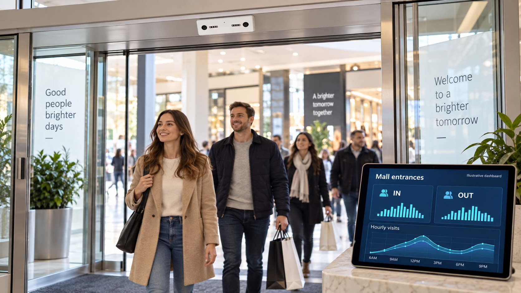 Reference-based Nano AI sensor at a shopping mall entrance beside an illustrative IN and OUT dashboard