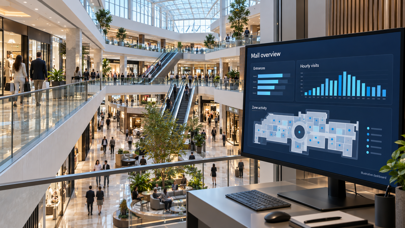 Shopping mall atrium beside an illustrative visitor analytics dashboard