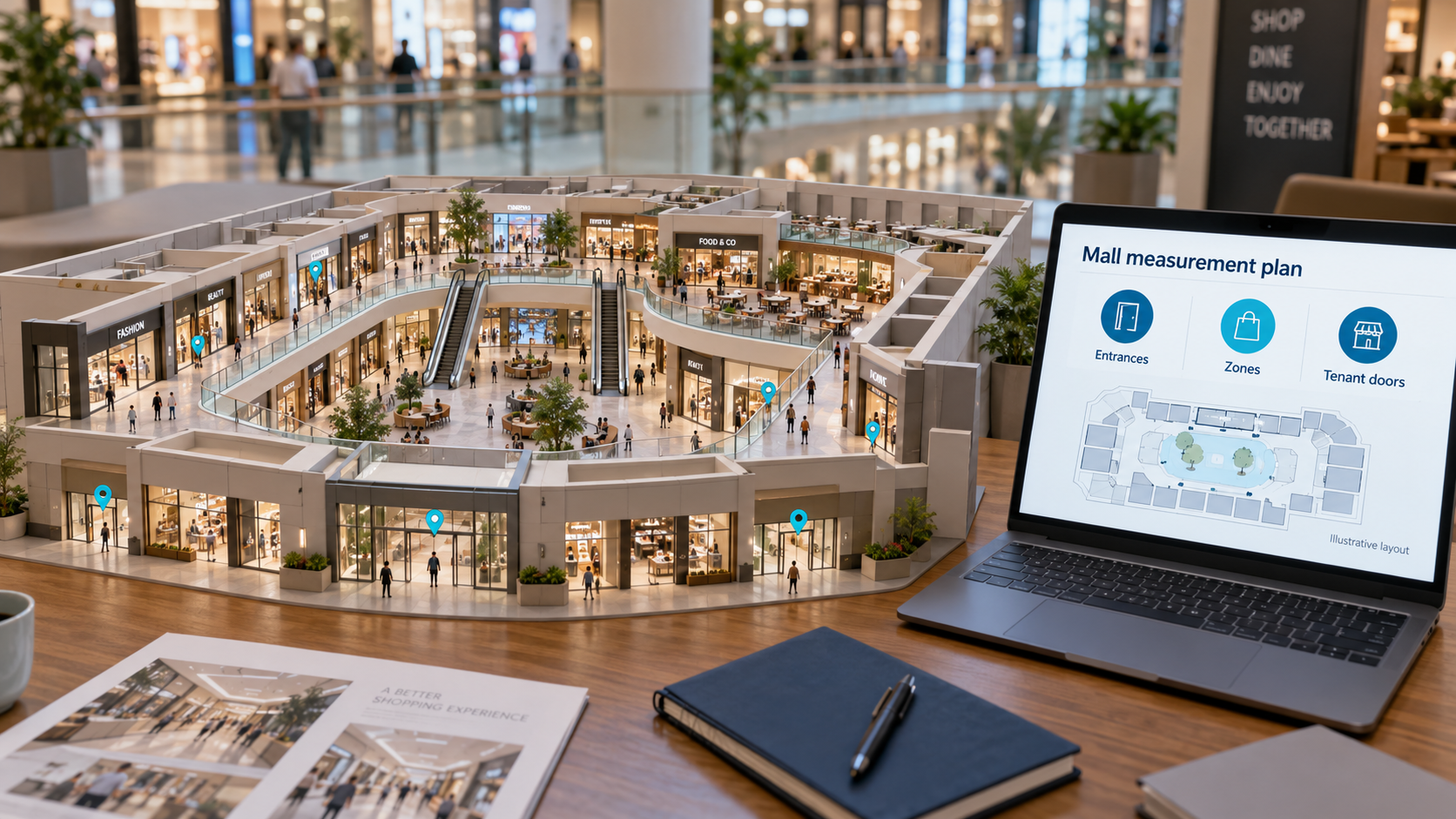 Shopping mall scale model with entrance and tenant-door measurement points beside a planning dashboard