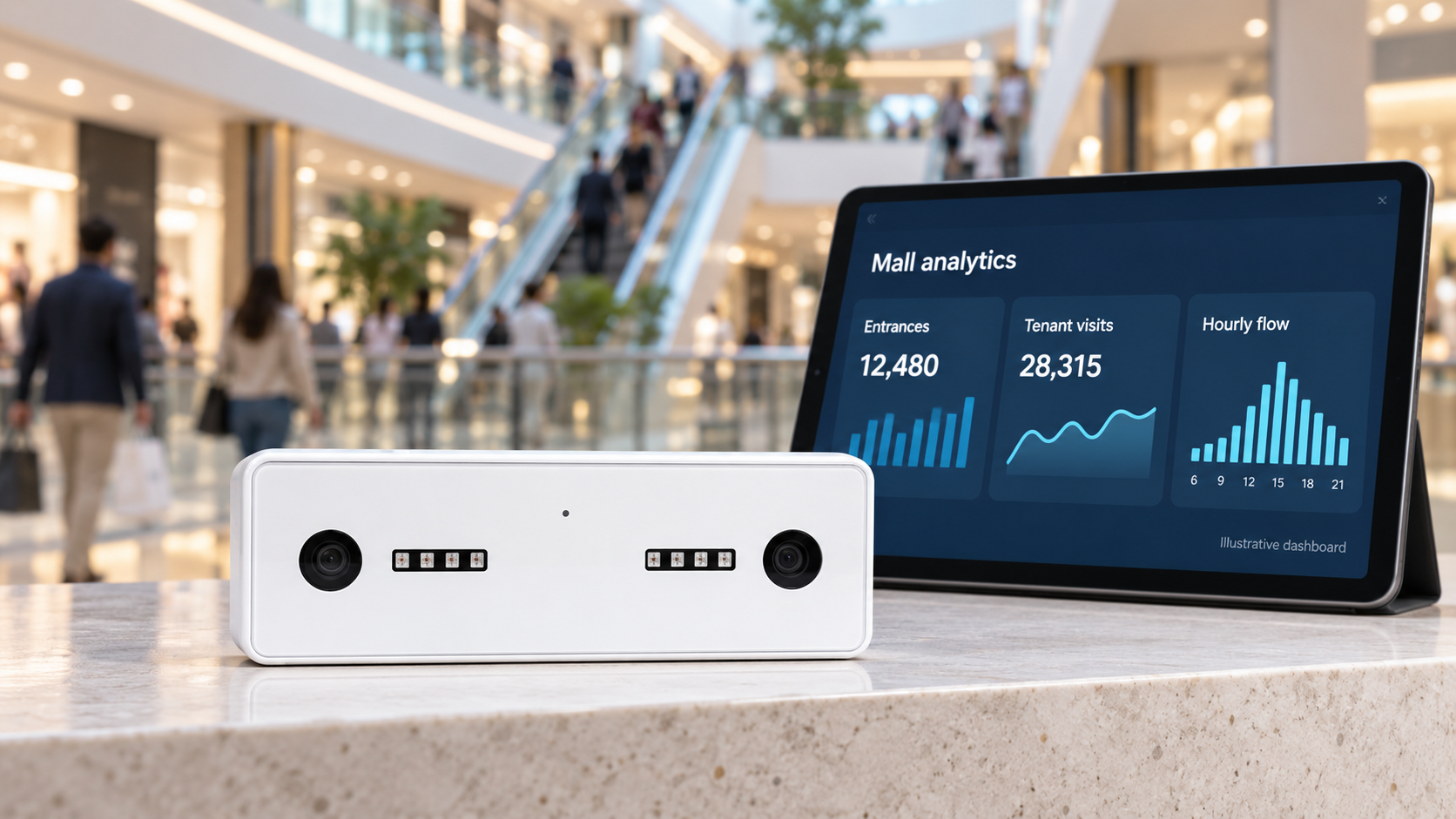Nano AI sensor product visual with a shopping mall and illustrative analytics dashboard