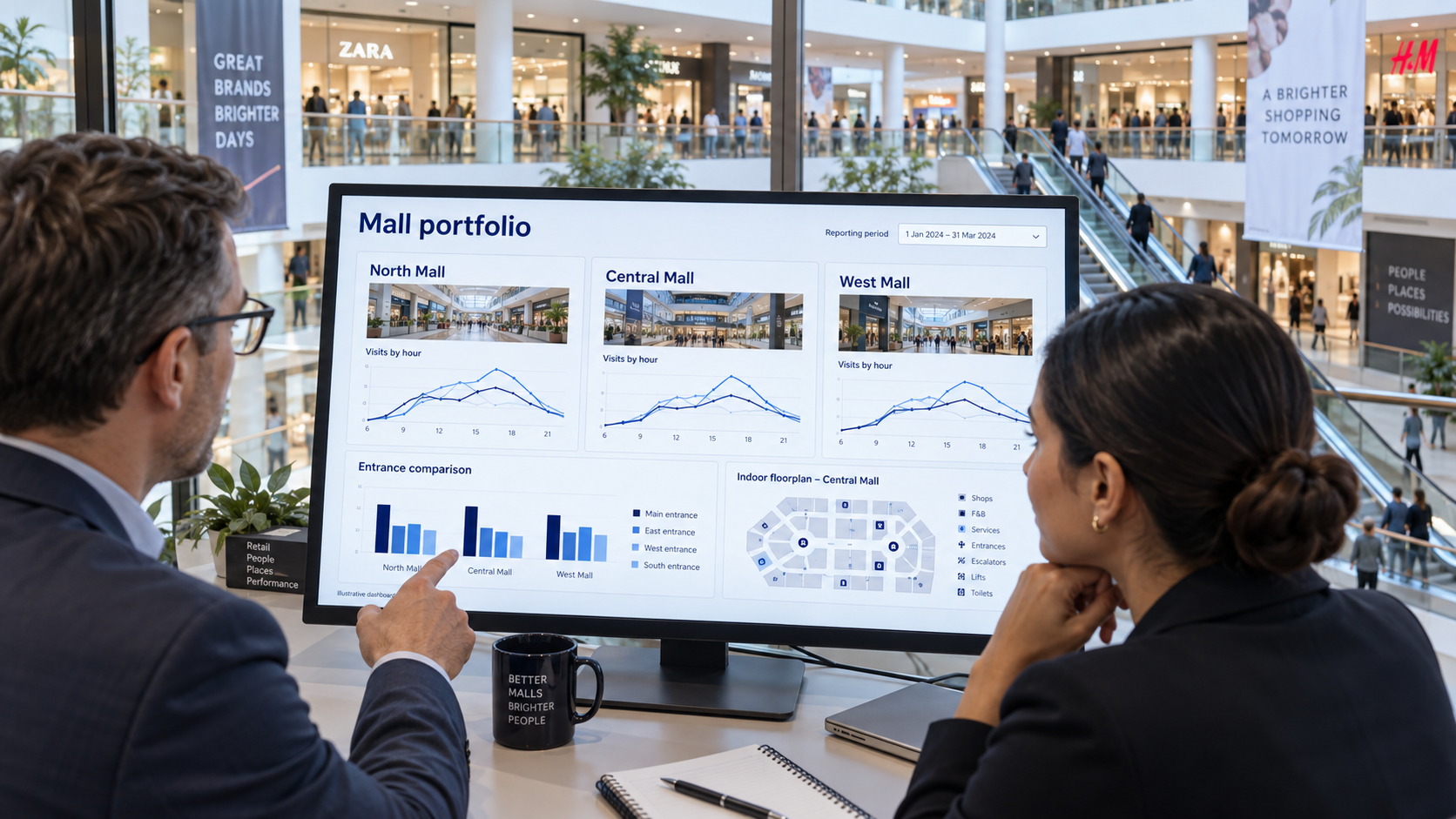Mall managers comparing shopping centre visits in an illustrative portfolio dashboard