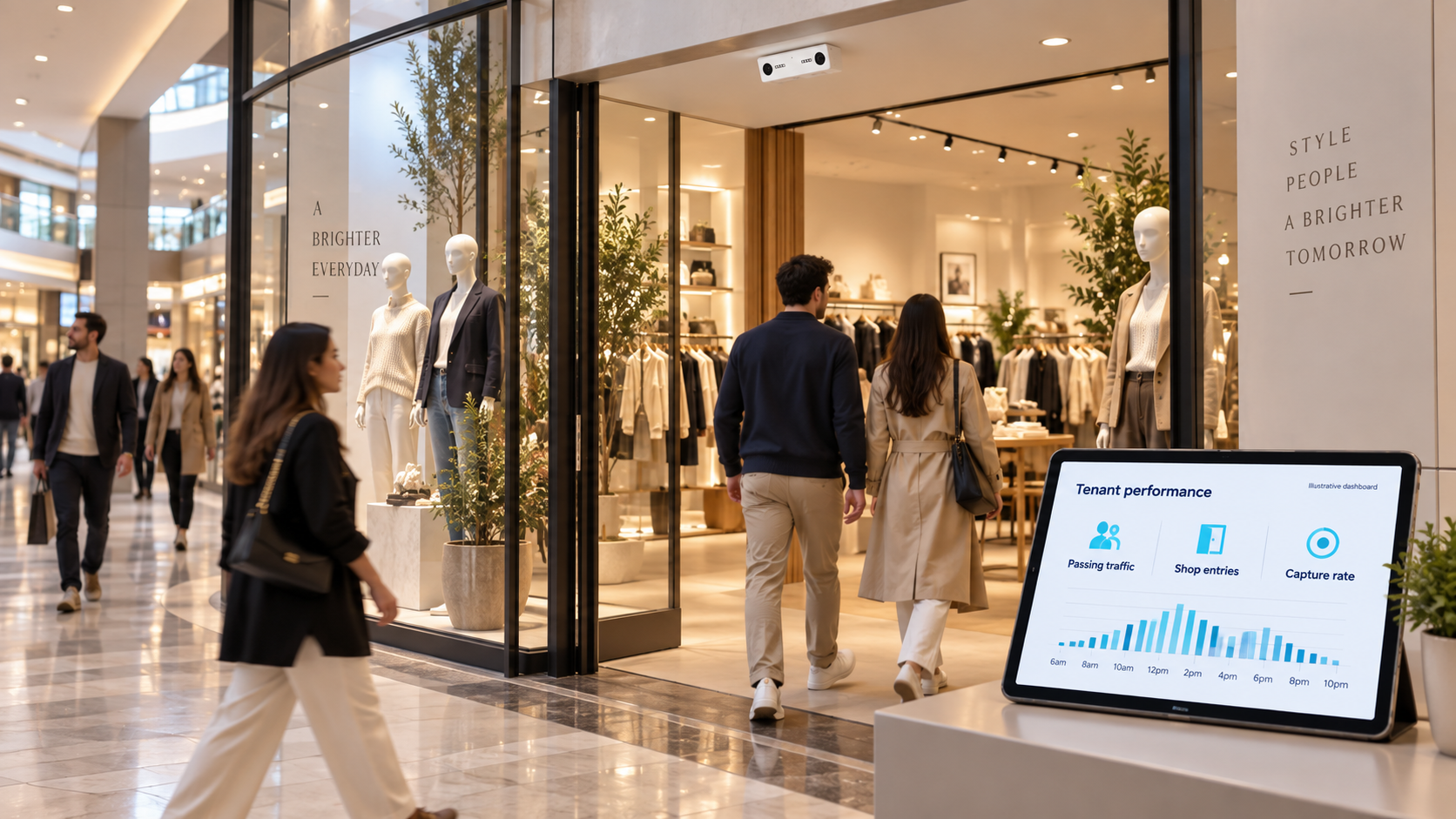 Nano AI sensor above a mall tenant entrance with an illustrative capture-rate dashboard