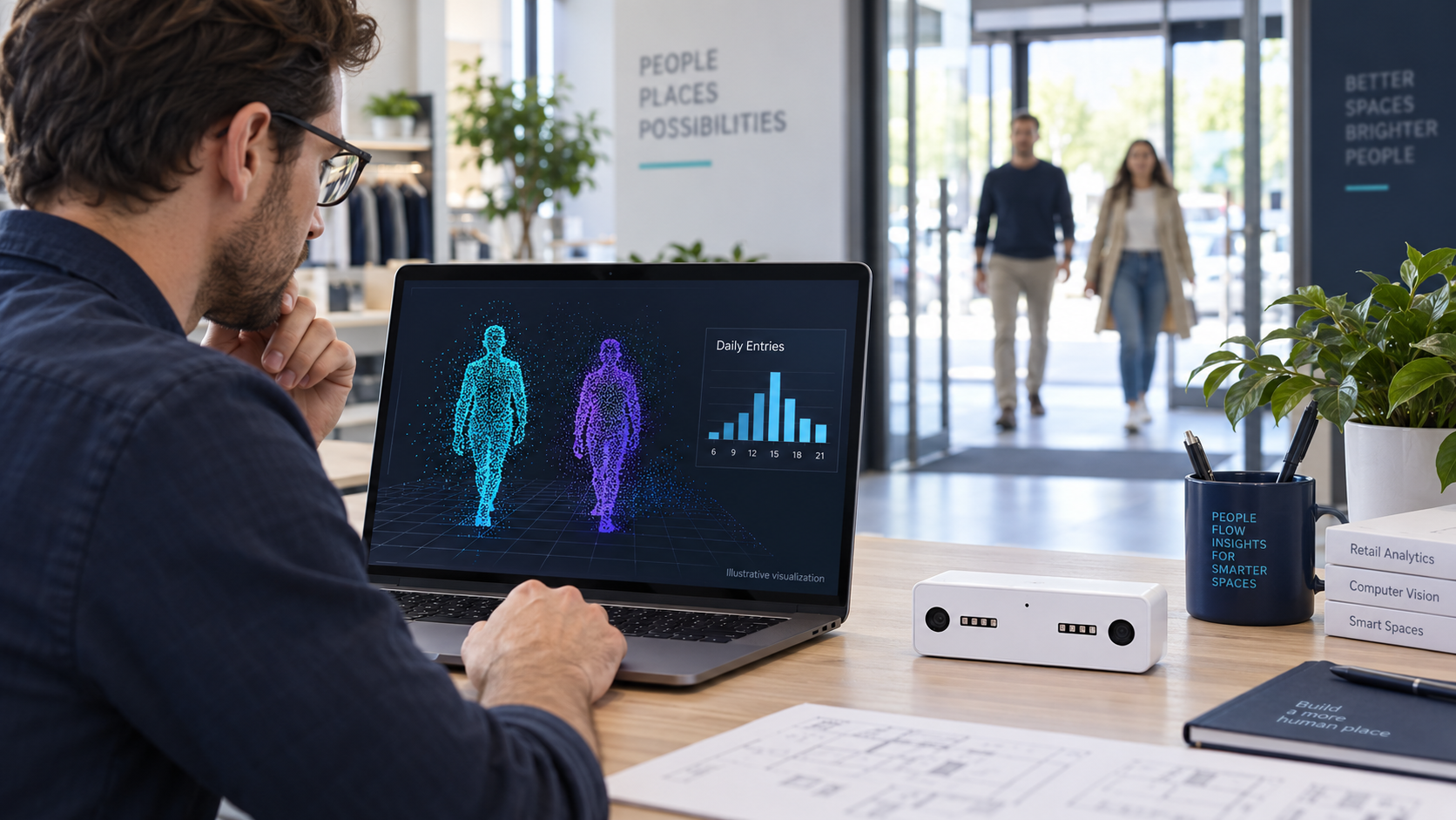 Nano AI sensor beside a laptop showing an illustrative anonymous depth visualization.