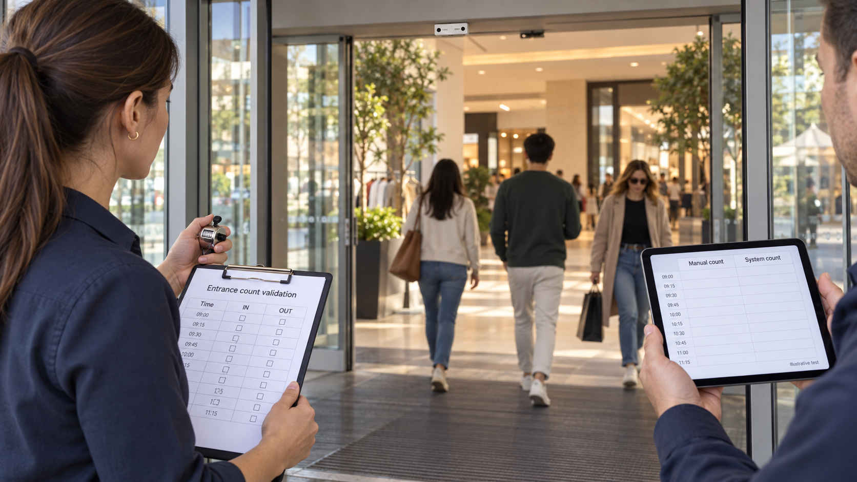 Facilities staff comparing manual entrance tallies with system counts at a shopping centre doorway.