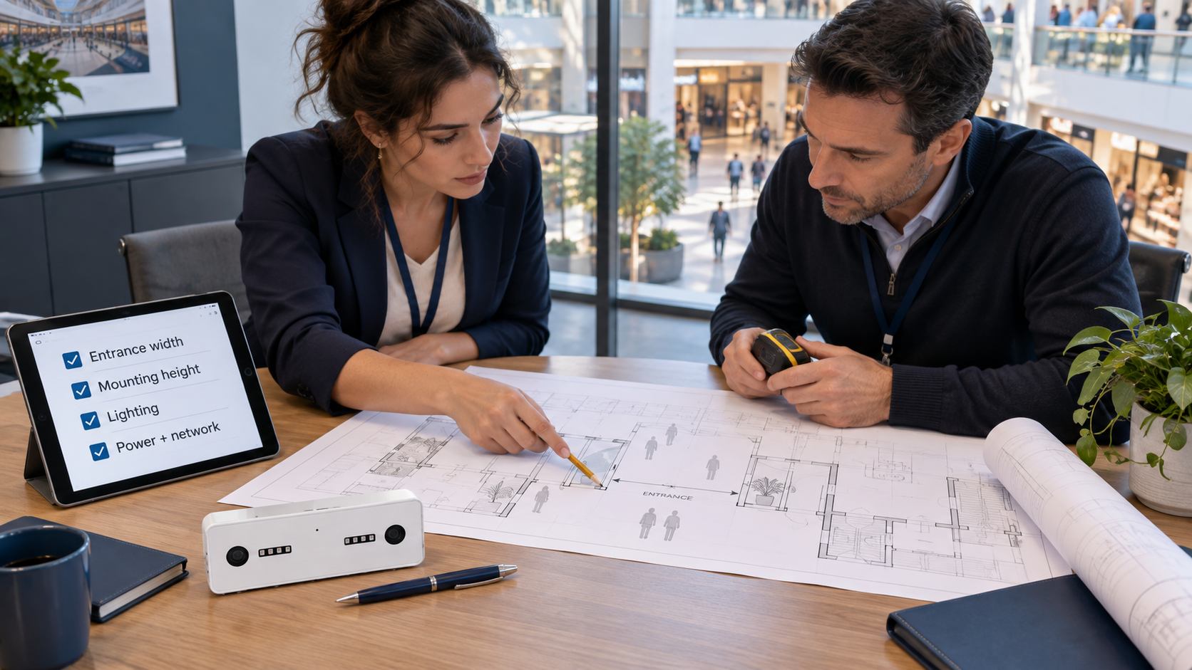 Engineers reviewing entrance dimensions, mounting height and connectivity beside a Nano AI sensor.