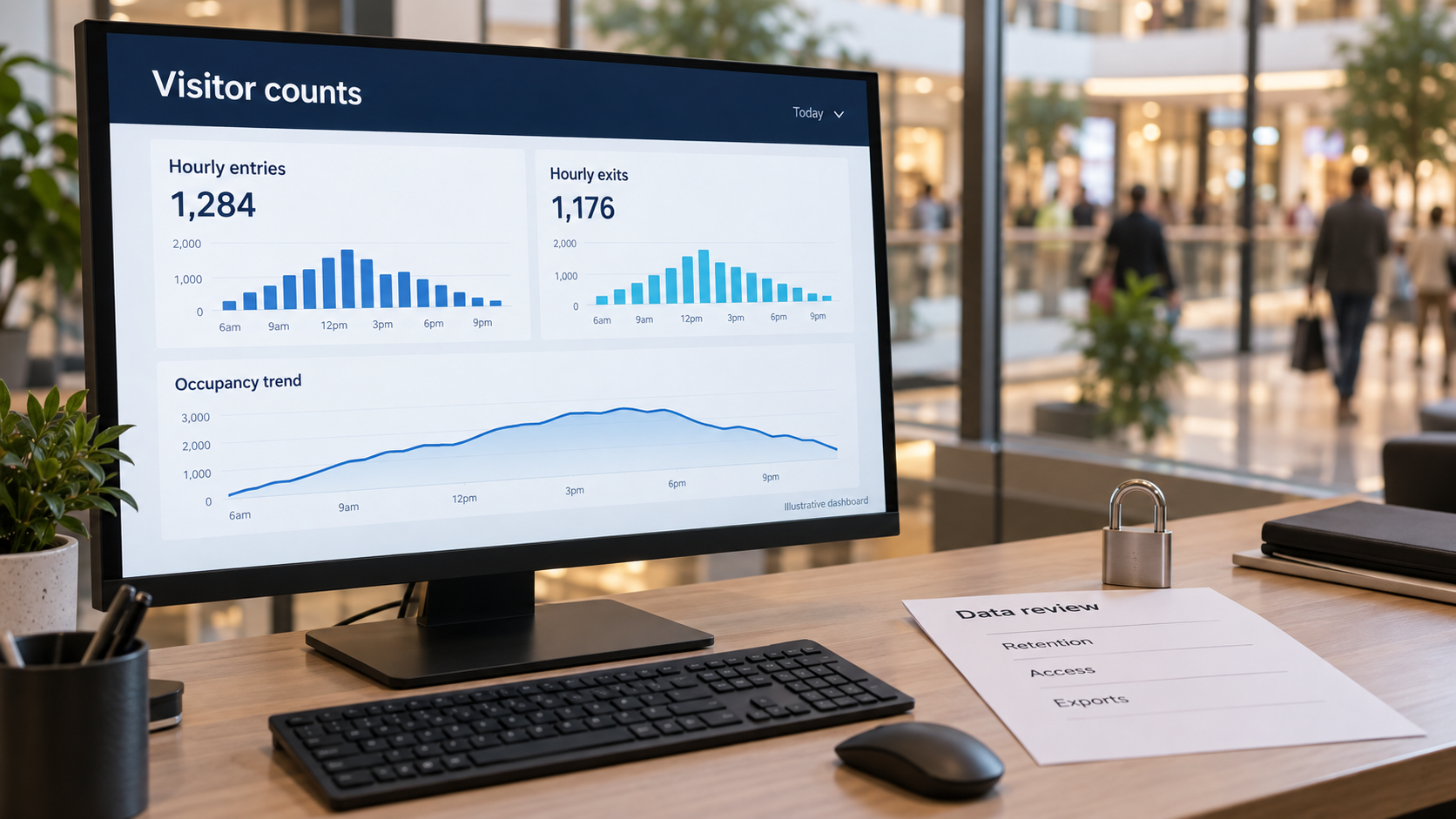 Aggregate visitor dashboard beside a data review checklist for retention, access and exports.