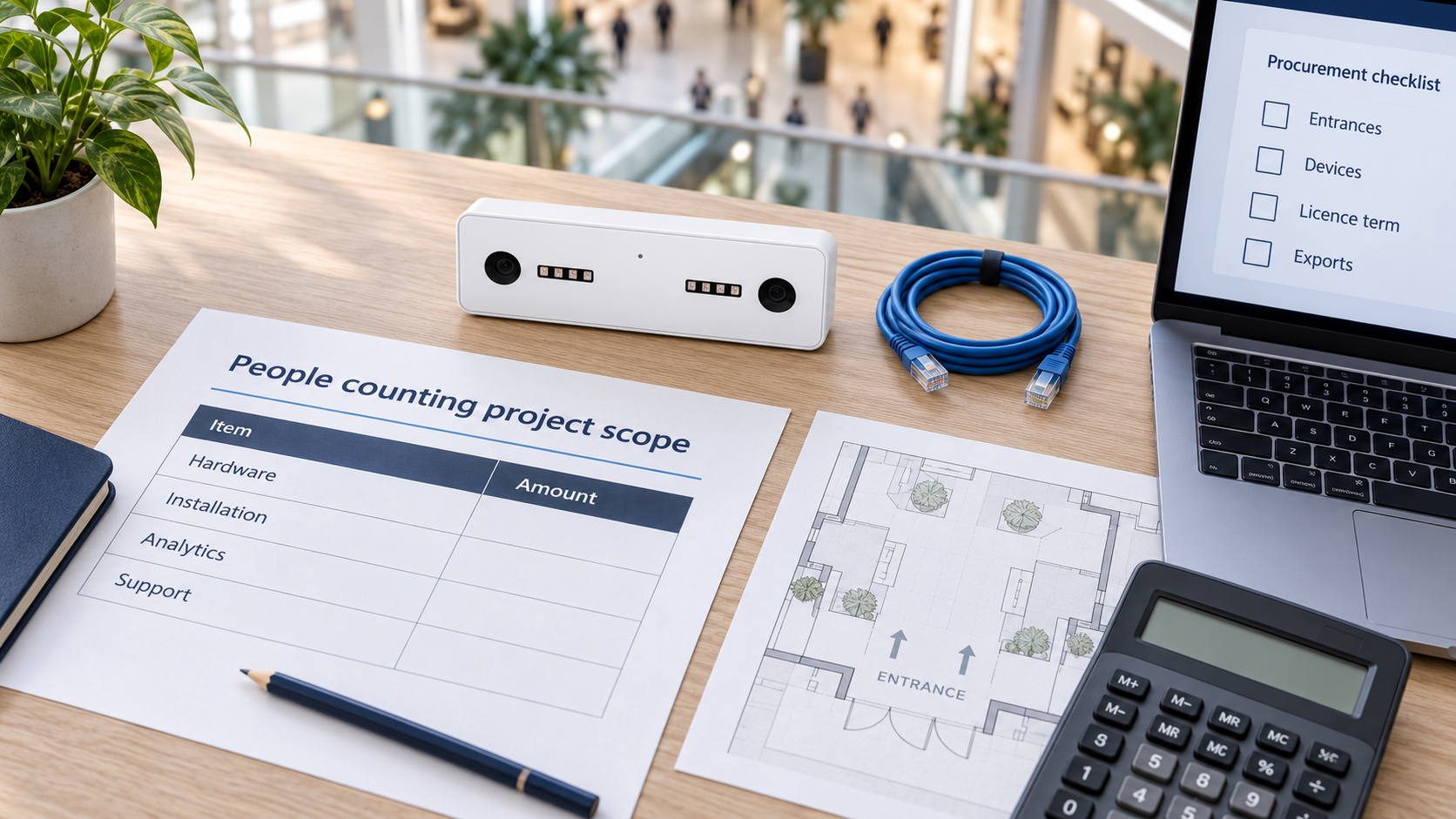 People counting project scope showing hardware, installation, analytics and support beside a Nano AI sensor.