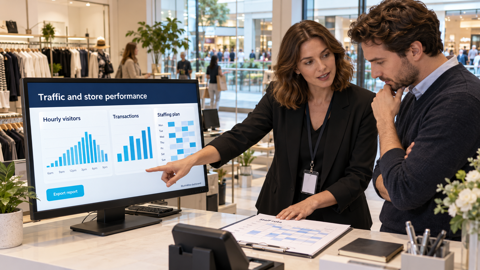 Retail managers using visitor and transaction reports to review a staffing plan.