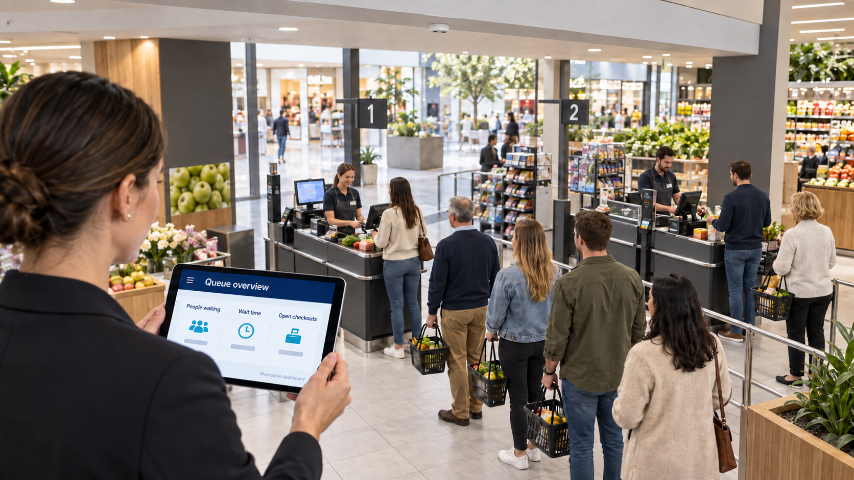 Responsabile che controlla una dashboard delle code accanto alle casse di un supermercato e a un sensore a soffitto