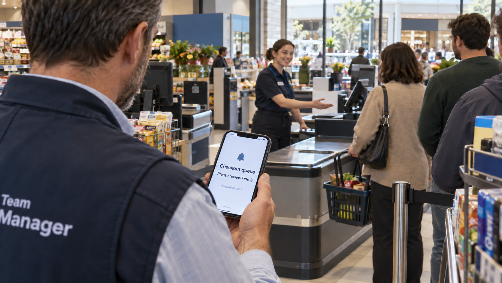 Retail manager reviewing a queue alert while a colleague opens an additional checkout.