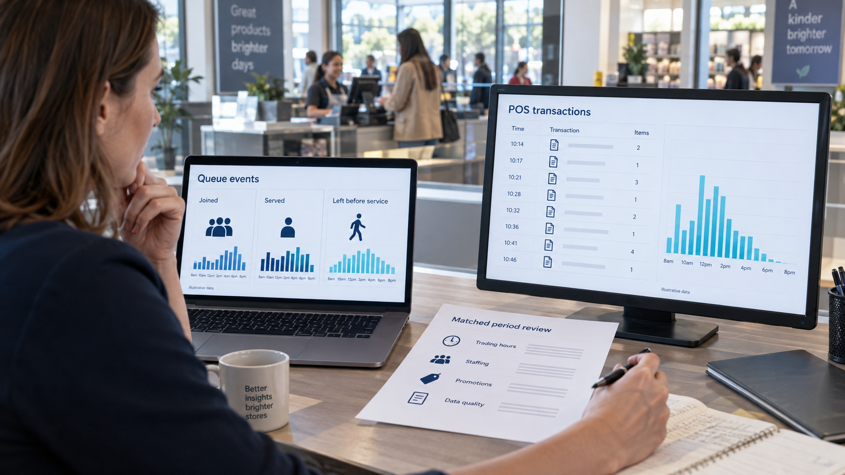 Retail analyst comparing queue-event reports with separate POS transaction data.