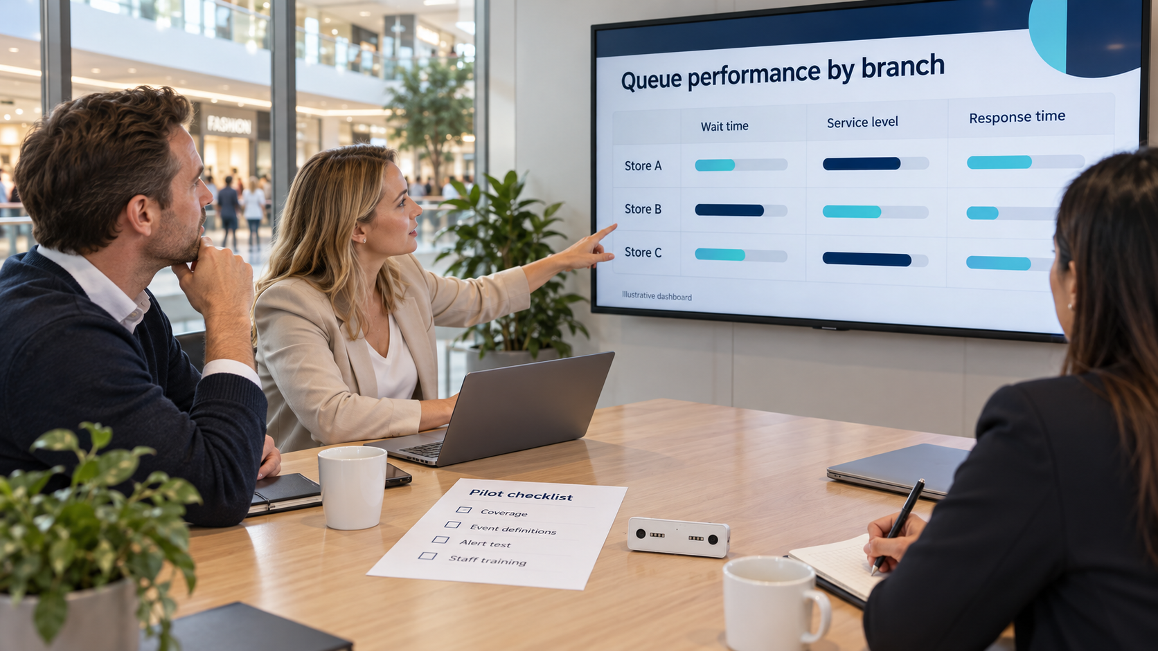 Regional managers reviewing queue performance by branch beside a Nano AI sensor and pilot checklist.