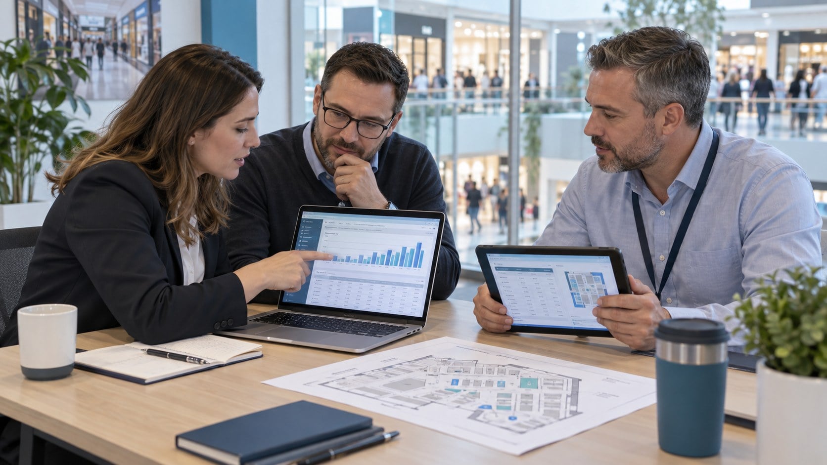Retail operations and IT colleagues reviewing reporting data and a store plan