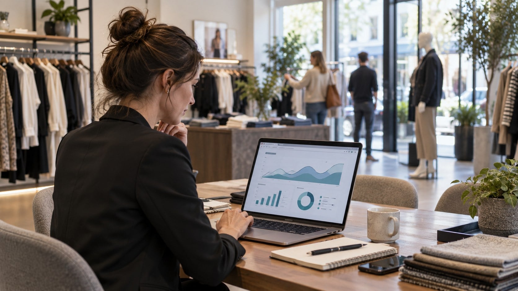 Retail manager reviewing an illustrative visitor analytics dashboard inside a clothing store