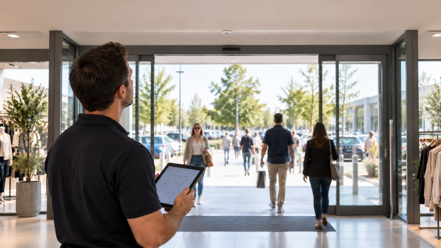 Technician surveying a retail entrance with a compact overhead Nano AI sensor