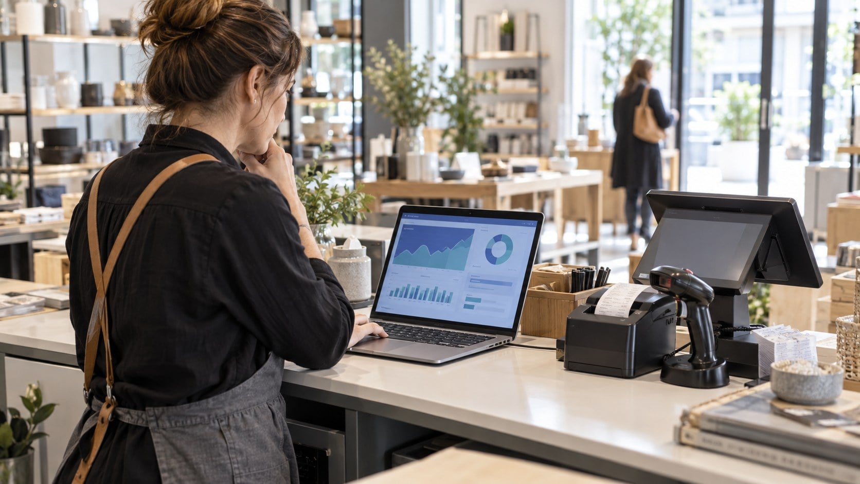 Store manager comparing an illustrative analytics dashboard with a point-of-sale terminal