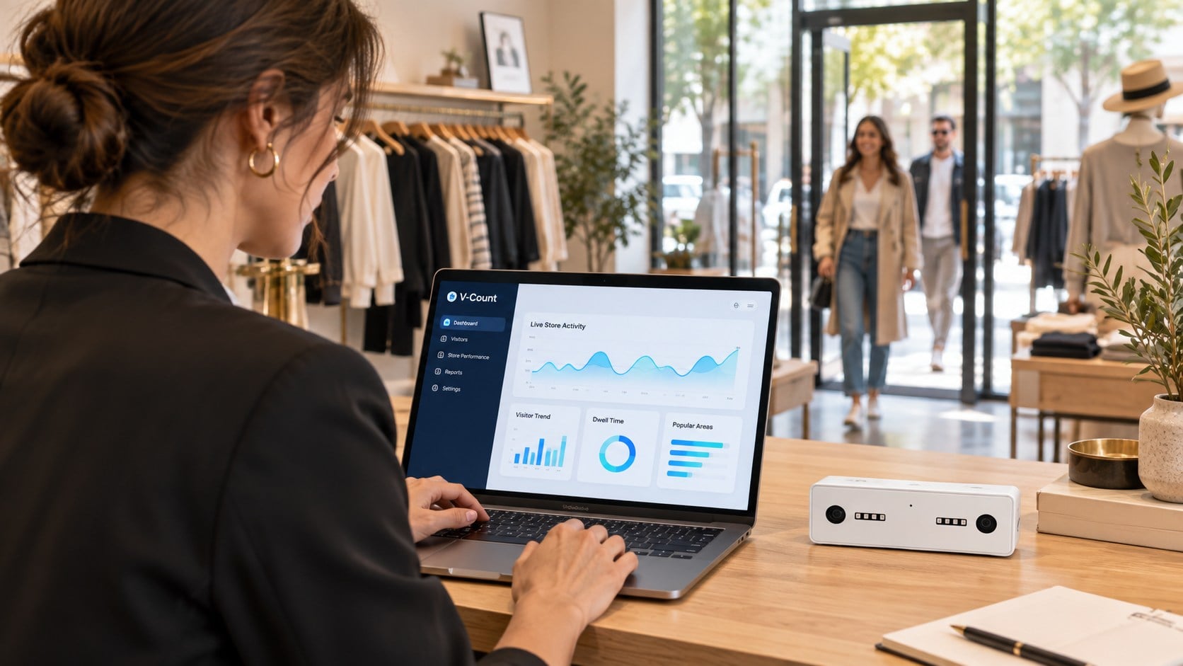 Retail manager reviewing analytics beside a V-Count Nano sensor