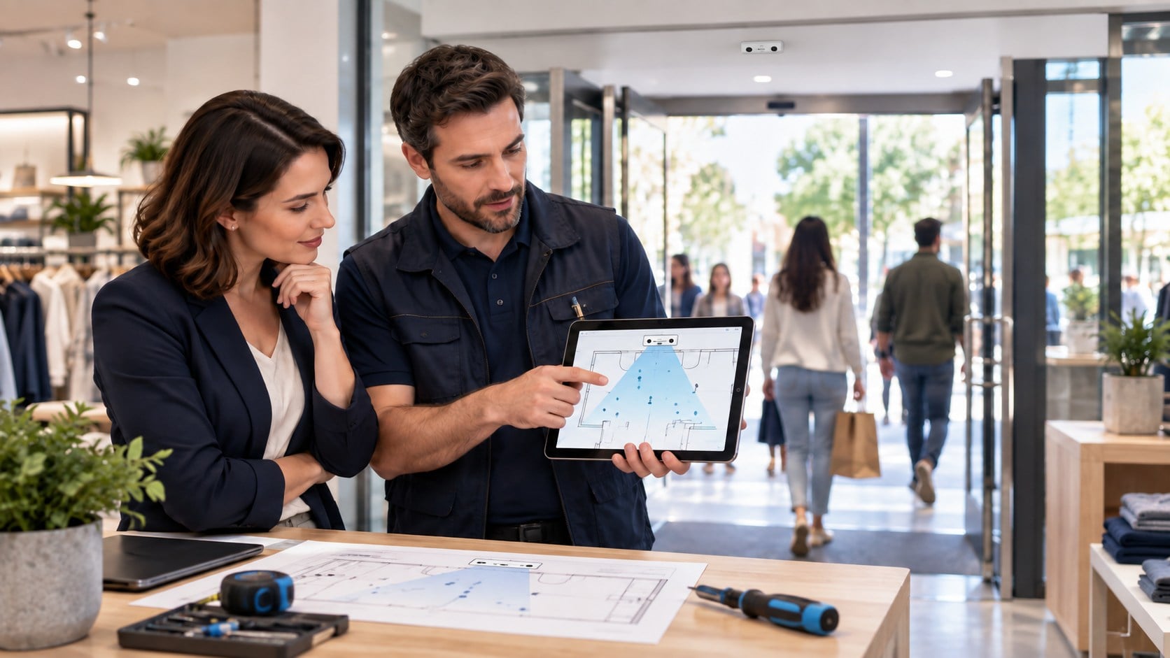 Store manager and installer planning entrance sensor coverage